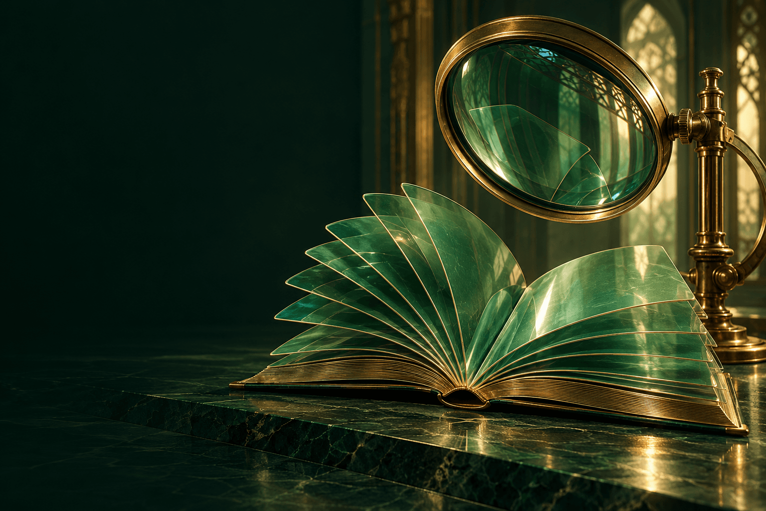 كتاب مفتوح من الزجاج الزمردي تحت عدسة بصرية نحاسية كبيرة