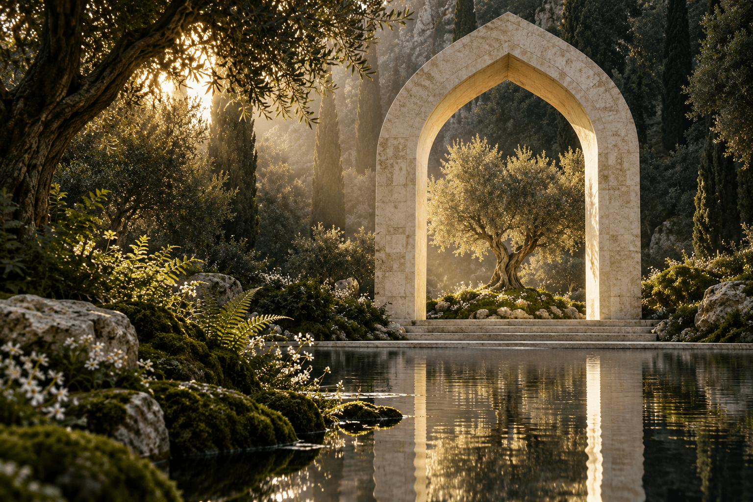 A garden with a stone arch and olive tree