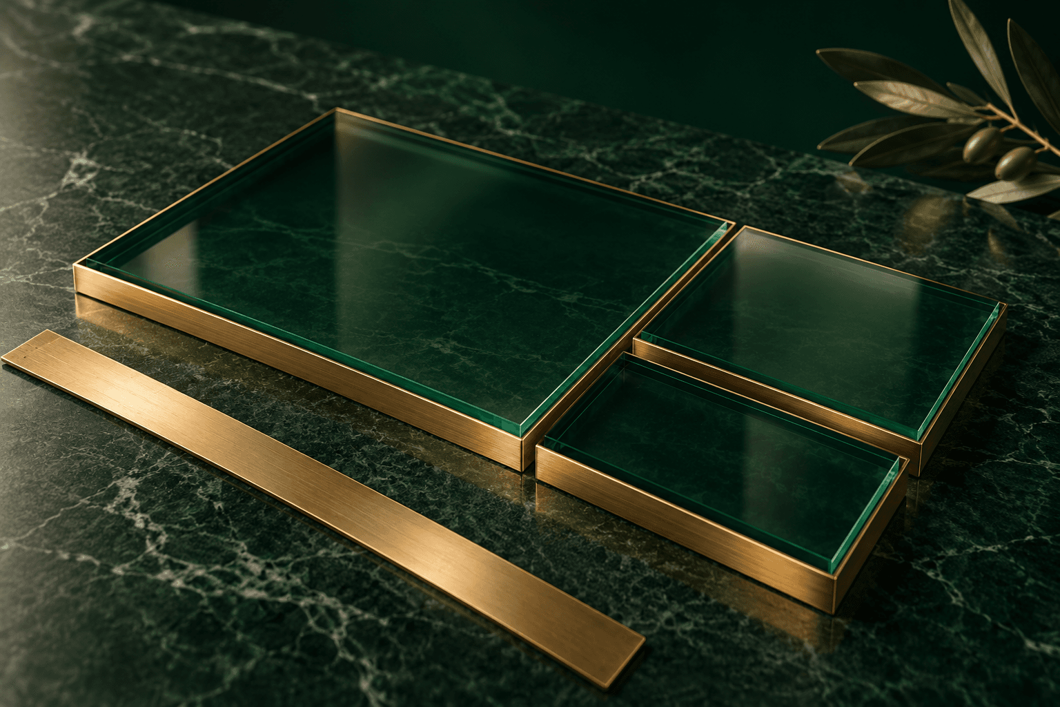 Glass interface modules and a brass drafting ruler on green marble