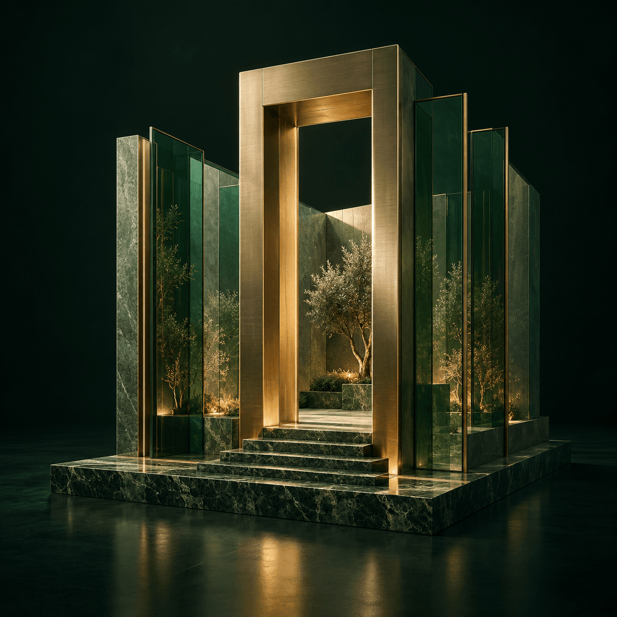 An emerald glass and brass architectural pavilion opening onto an olive courtyard